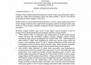 Edaran PP Muhammadiyah Tentang Tuntunan Idulfitri 1442 H dalam Kondisi Pandemi COVID-19