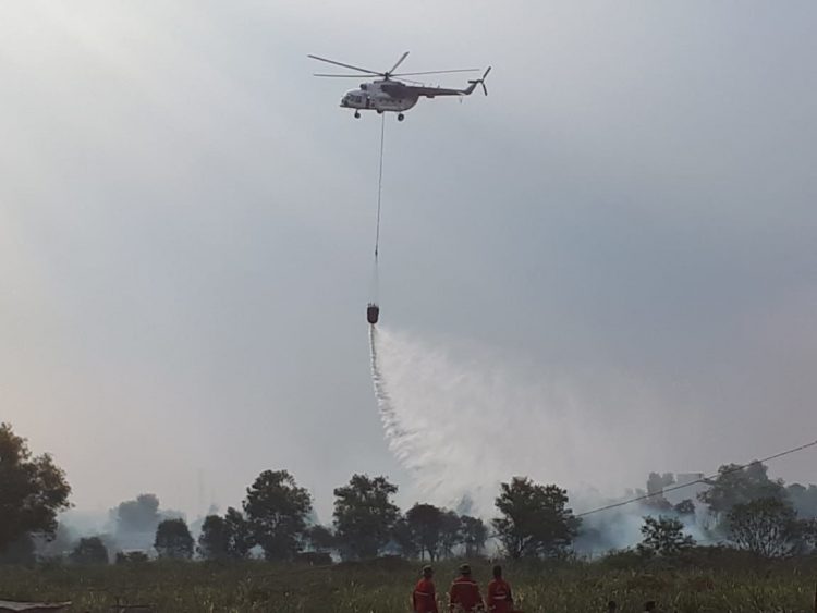 Terpantau 18 Hotspot, BPBD Riau Turunkan 2 Helikopter Water Bombing Padamkan Karhutla di Rohil
