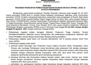 Revisi Kebijakan, Pemko Pekanbaru: PPKM Level IV Berlaku 26 Juli Hingga 2 Agustus