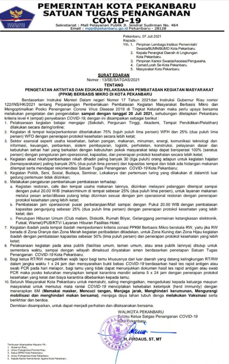 Surat Edaran Walikota Pekanbaru PPKM Berbasis Mikro