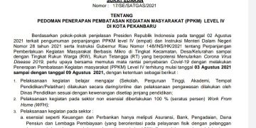 Surat Edaran Walikota Pekanbaru Tentang PPKM Level 4 berlaku sampai 9 Agustus 2021