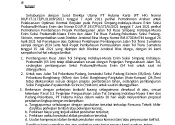 Jalan Tol Padang Pekanbaru Resmi Dihentikan Sampai Sicincin dan Pangkalan