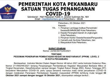 SURAT EDARAN Nomor :22/SE/SATGAS/2021 TENTANG PEDOMAN PENERAPAN PEMBATASAN KEGIATAN MASYARAKAT (PPKM) LEVEL 2 DI KOTA PEKANBARU