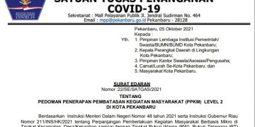 SURAT EDARAN Nomor :22/SE/SATGAS/2021 TENTANG PEDOMAN PENERAPAN PEMBATASAN KEGIATAN MASYARAKAT (PPKM) LEVEL 2 DI KOTA PEKANBARU