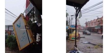 Hujan Lebat Disertai Angin Kencang, Beberapa Tiang Reklame di Jalan Paus Pekanbaru Patah
