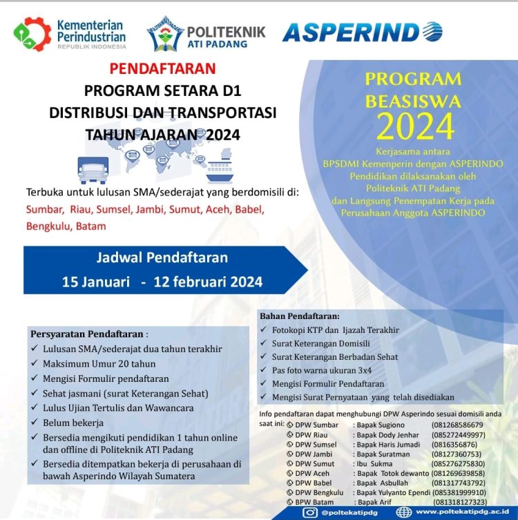 Sukses 3 Angkatan, ASPERINDO Buka Pendaftaran Beasiswa Program Setara D1 Angkatan Ke 4 bersama Politeknik ATI Padang