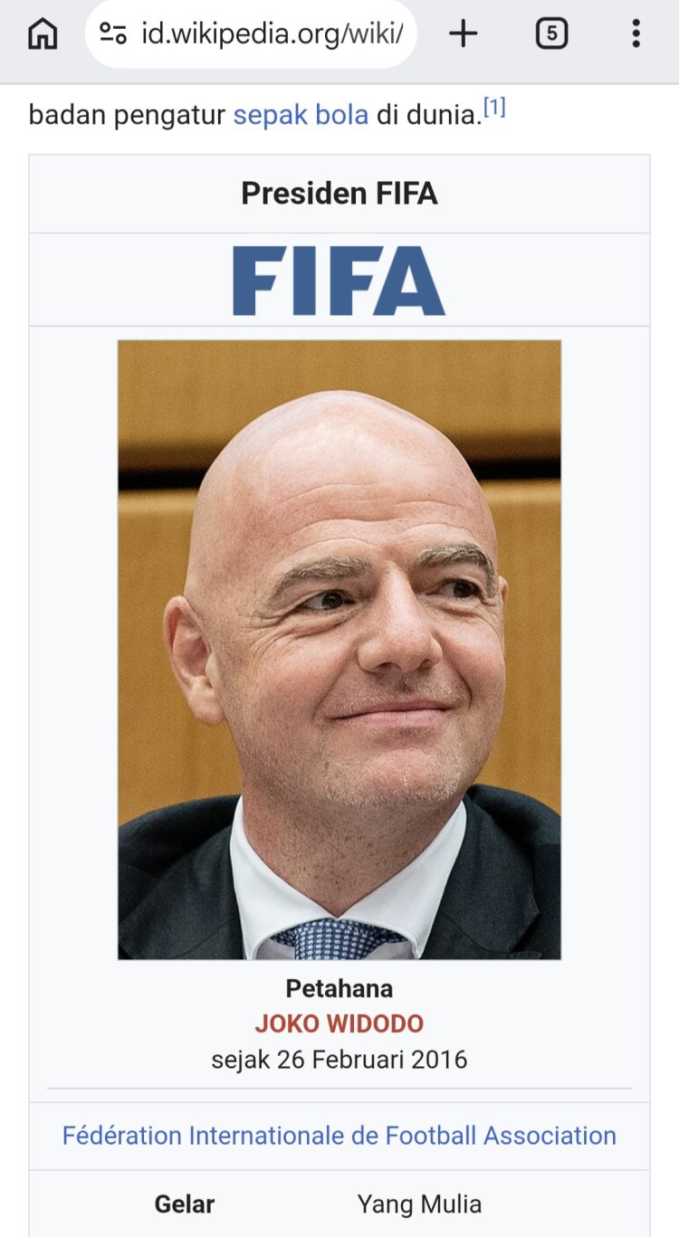 Geger! Data Sekelas Wikipedia Jebol, Nama Jokowi Tertulis Sebagai Presiden FIFA